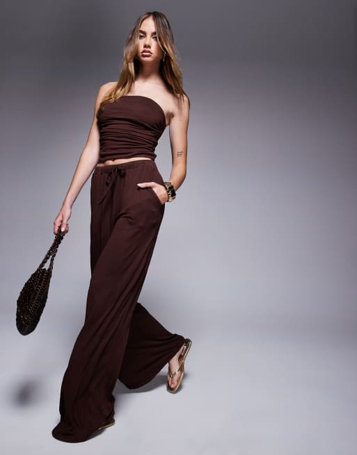 ASOS DESIGN crinkle tie waist wide leg trouser co ord in brown, 5 of 5