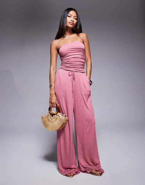 ASOS DESIGN crinkle tie waist wide leg trouser co ord in dusty rose