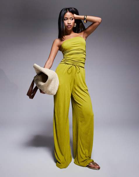 ASOS DESIGN crinkle tie waist wide leg trouser co ord in olive - view 1