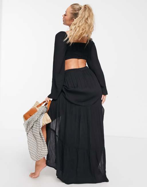 ASOS DESIGN crinkle tiered maxi beach skirt set in black