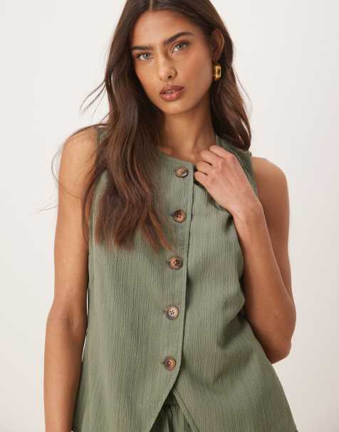 ASOS DESIGN crinkle top co-ord in olive - view 1