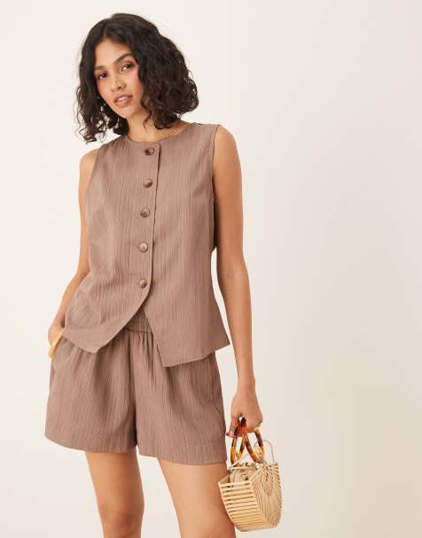 ASOS DESIGN crinkle top co-ord in taupe - view 1