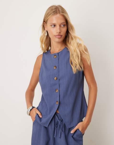 ASOS DESIGN crinkle top in denim blue - part of a set - view 1