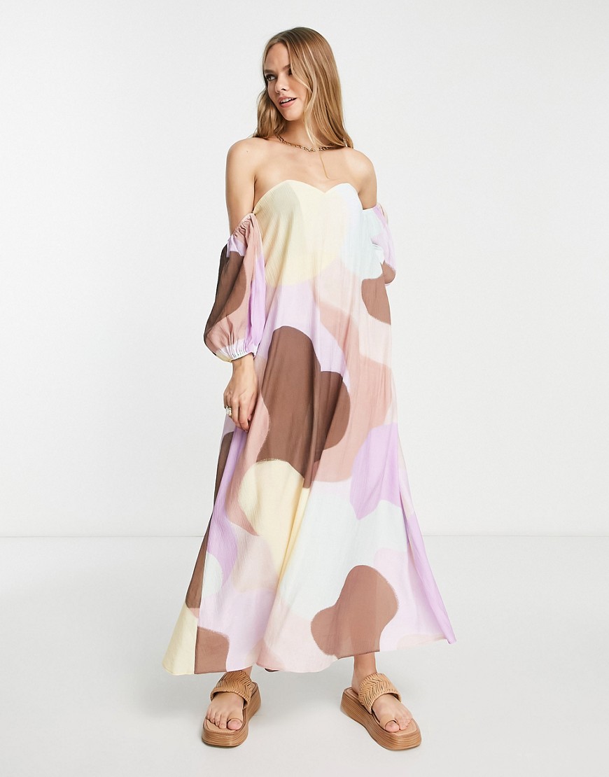 ASOS DESIGN crinkle trapeze maxi dress with sleeve in abstract print-Multi