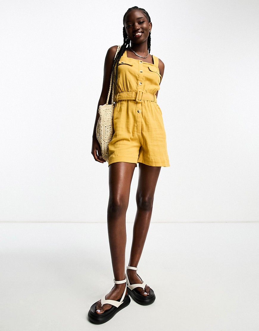 ASOS DESIGN crinkle utility playsuit with self belt in mustard-Yellow