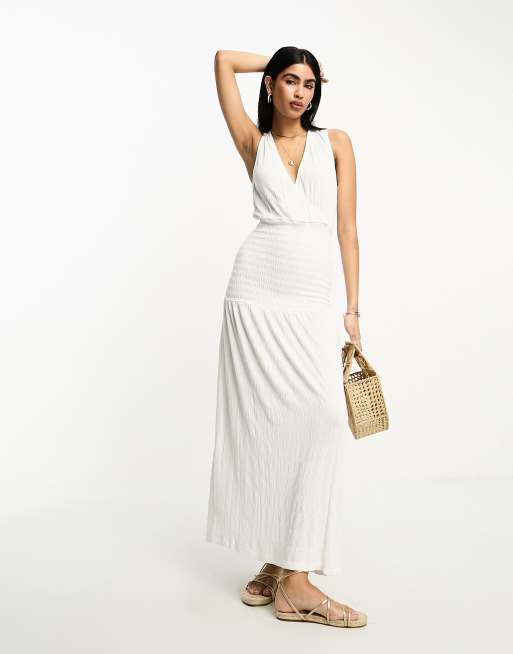 ASOS DESIGN crinkle v neck maxi smock dress with shirred waist in off white