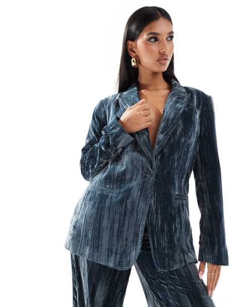 ASOS DESIGN crinkle velvet blazer co-ord in blue - MBLUE - view 1