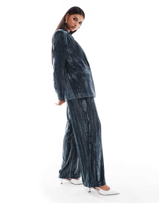 ASOS DESIGN crinkle velvet blazer co-ord in blue - MBLUE, 2 of 4