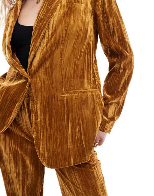 ASOS DESIGN crinkle velvet blazer co-ord in gold, 3 of 4