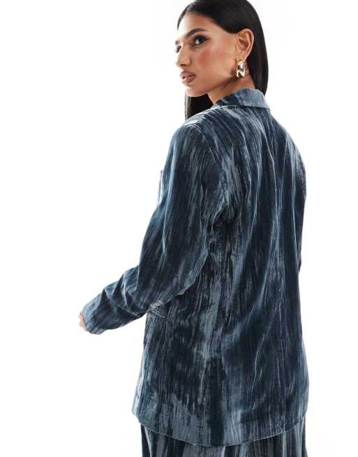 ASOS DESIGN crinkle velvet blazer in blue (part of a set), 4 of 4