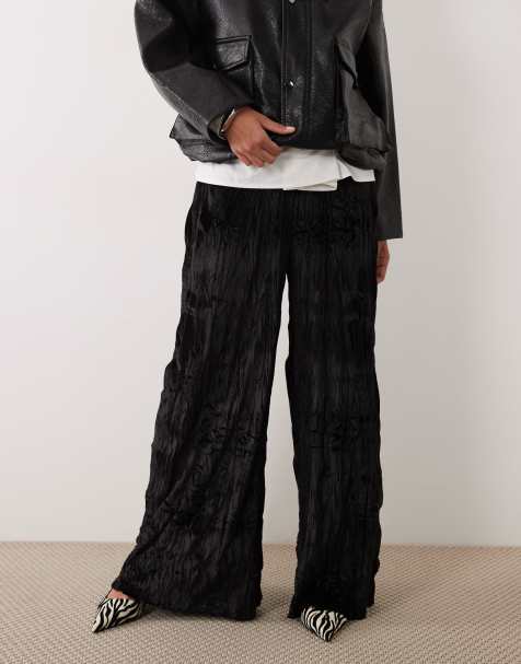 ASOS DESIGN crinkle velvet wide leg pants in black - view 1