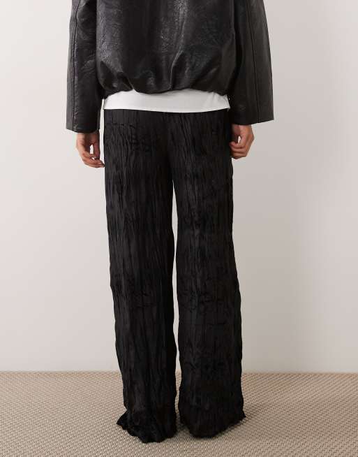ASOS DESIGN crinkle velvet wide leg trousers in black, 2 of 5