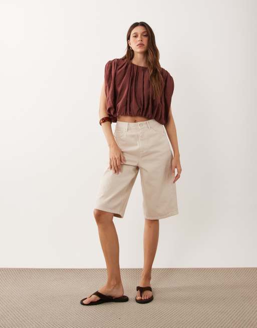 ASOS DESIGN crinkle viscose bubble cropped co-ord top in brown, 2 of 4