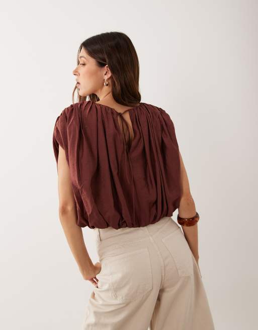 ASOS DESIGN crinkle viscose bubble cropped co-ord top in brown, 3 of 4