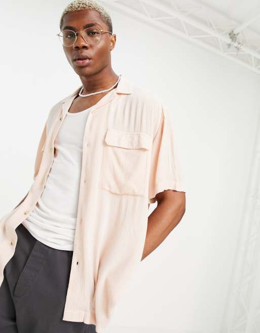 ASOS DESIGN crinkle viscose shirt with revere collar and pockets in pink