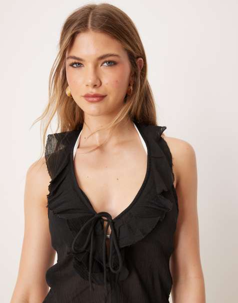 ASOS DESIGN crinkle waterfall beach top in black - view 1