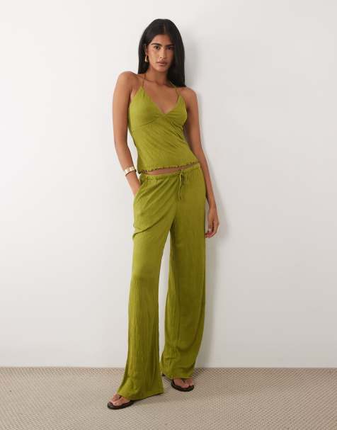 ASOS DESIGN crinkle wide leg drawstring pants in green (part of a set) - view 1