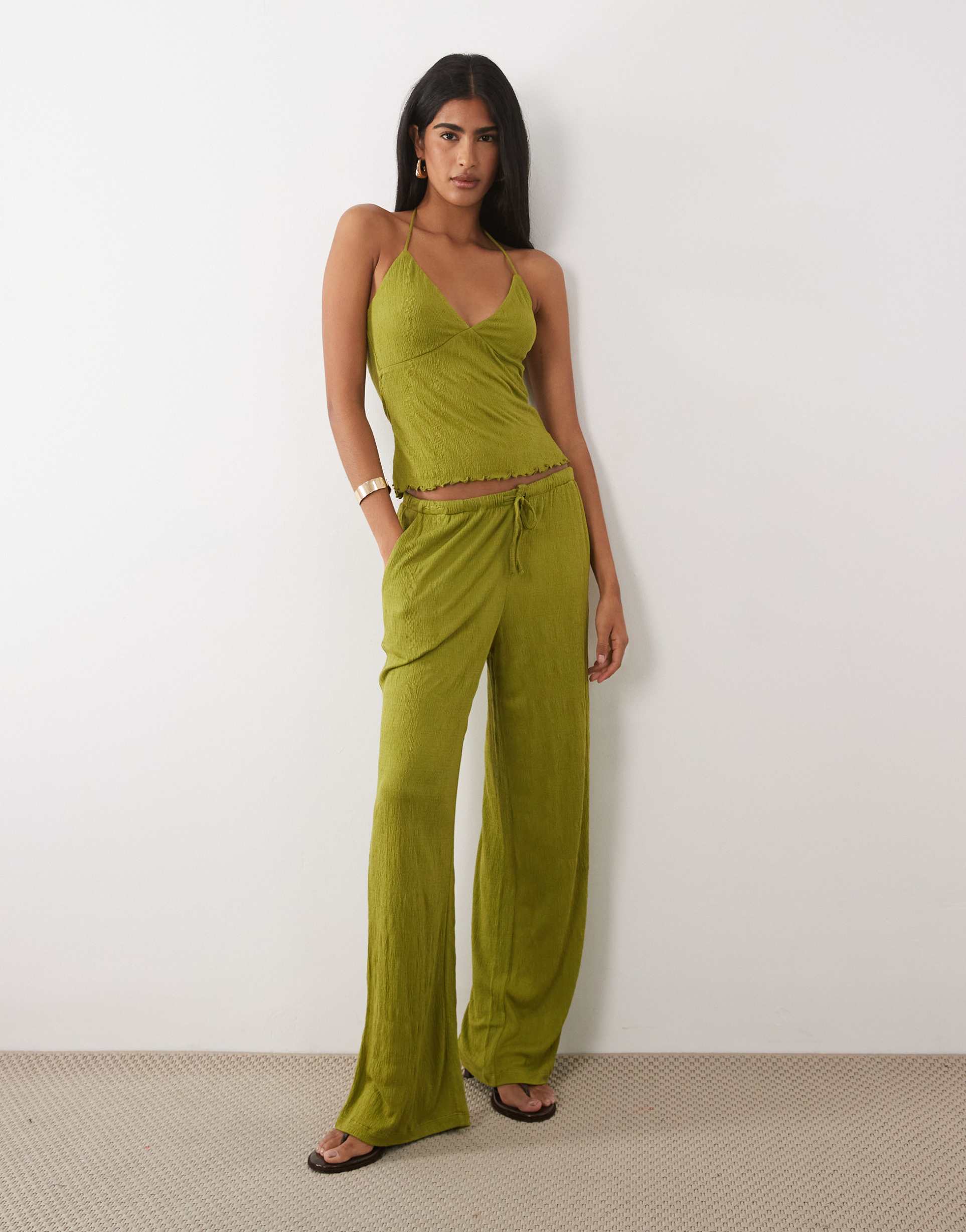 asos design crinkle wide leg drawstring pants in green - part of a set