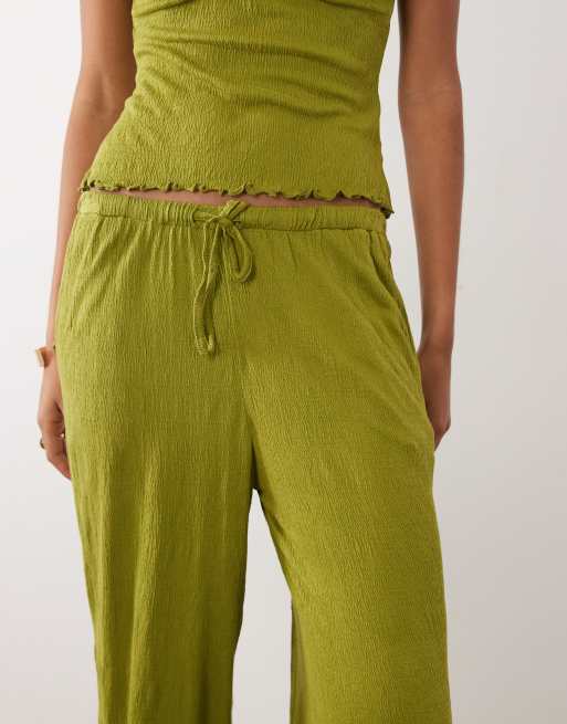 ASOS DESIGN crinkle wide leg drawstring pants in green (part of a set), 3 of 5