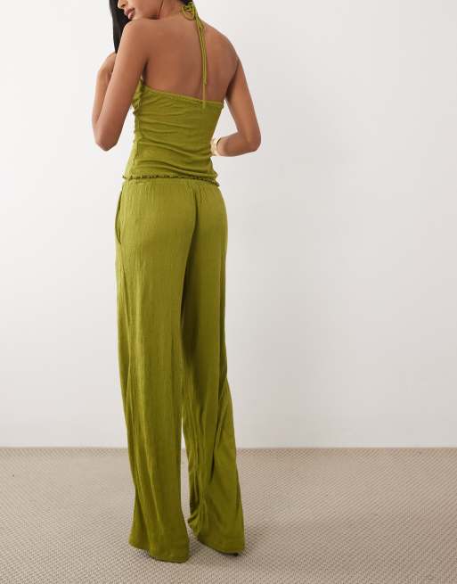 ASOS DESIGN crinkle wide leg drawstring pants in green (part of a set), 5 of 5
