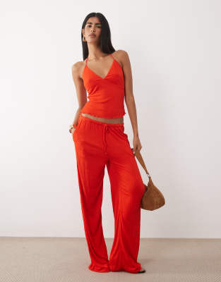 Asos Design Crinkle Wide Leg Drawstring Pants In Red