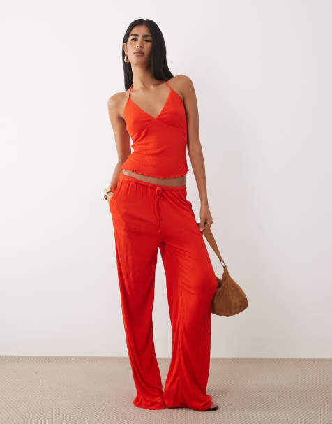 ASOS DESIGN crinkle wide leg drawstring pants in red - part of a set - view 1