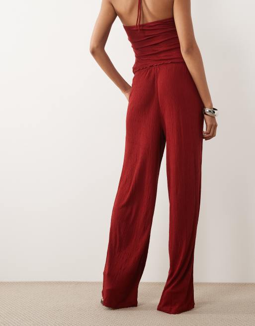 ASOS DESIGN crinkle wide leg drawstring pants in red (part of a set), 2 of 5