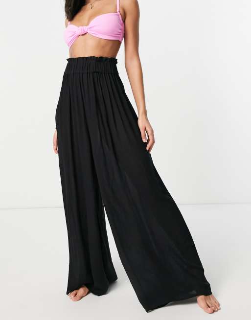 ASOS DESIGN crinkle wide leg palazzo beach pant in black