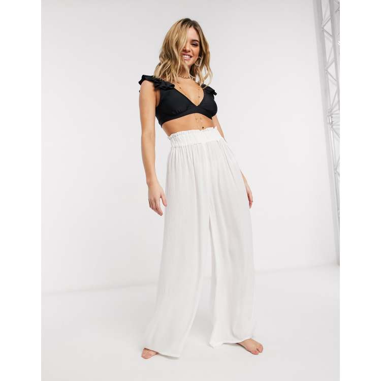 ASOS DESIGN crinkle wide leg palazzo beach pants in white