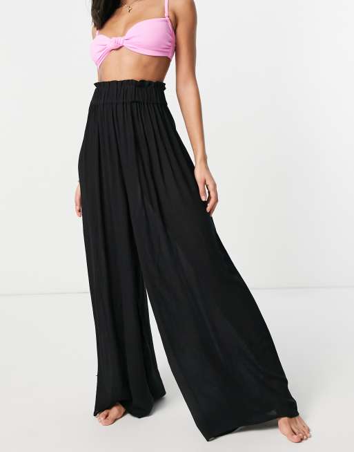 ASOS DESIGN crinkle wide leg palazzo beach trouser in black