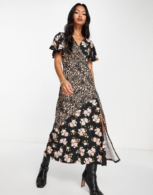 ASOS DESIGN crinkle wrap midi tea dress in leopard and ditsy print | ASOS