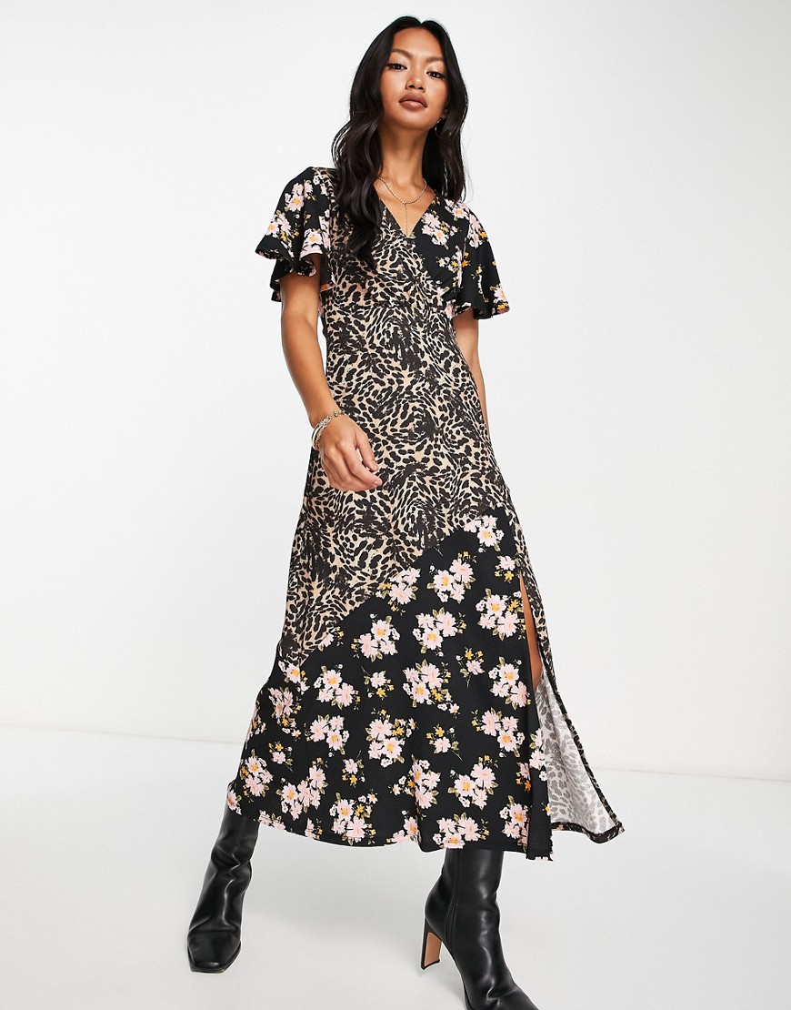 ASOS DESIGN crinkle wrap midi tea dress in leopard and ditsy print-Multi