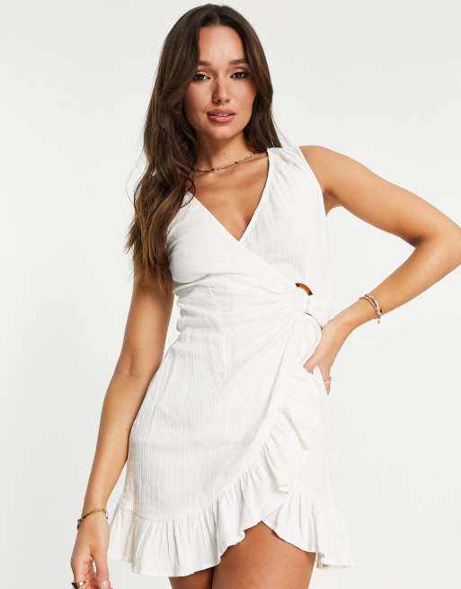 ASOS DESIGN crinkle wrap mini sundress with buckle in white