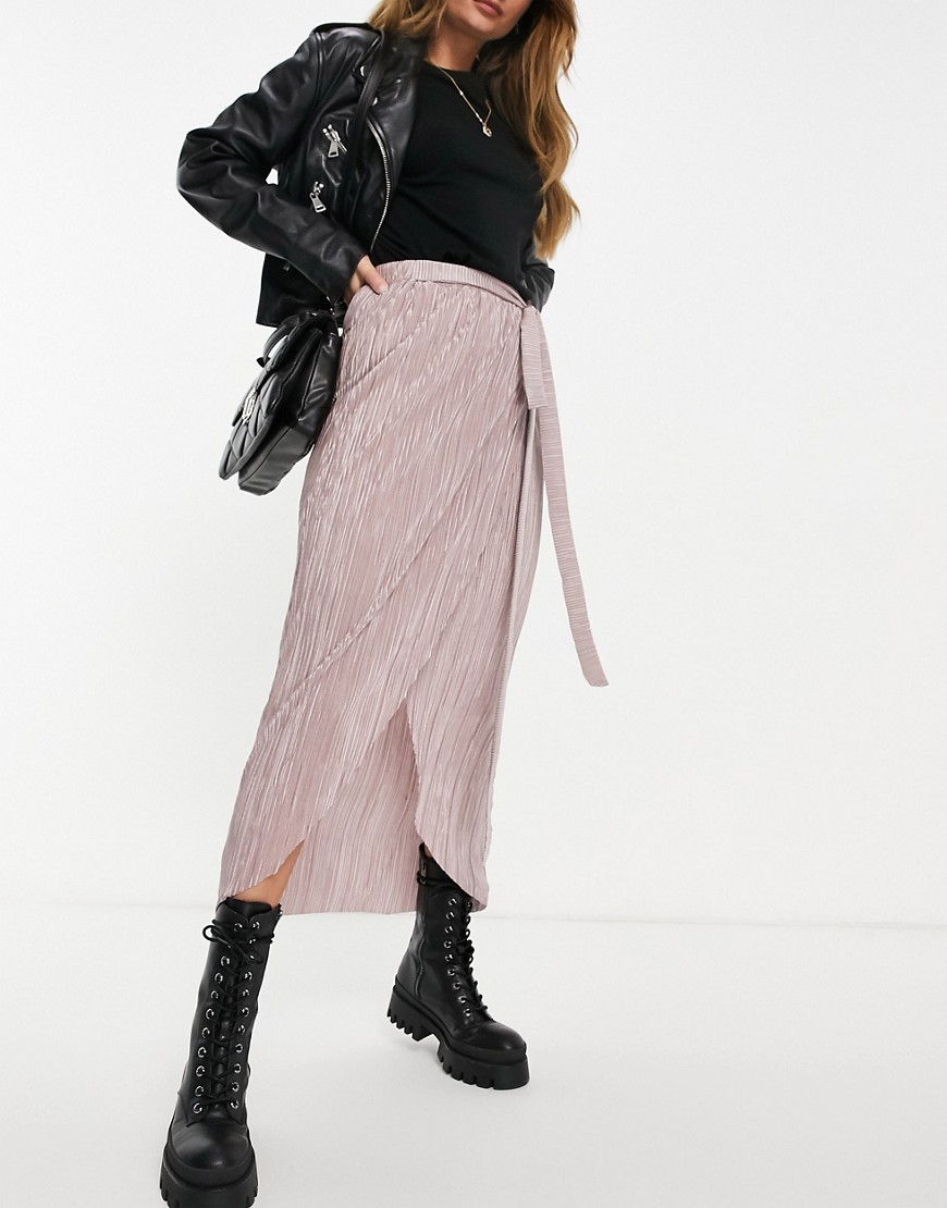 Asos Design Plisse Wrap Midi Skirt With Belt Detail In Rose-pink