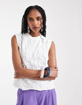 Asos Design Crinkled Boxy Knit Tank Top In White
