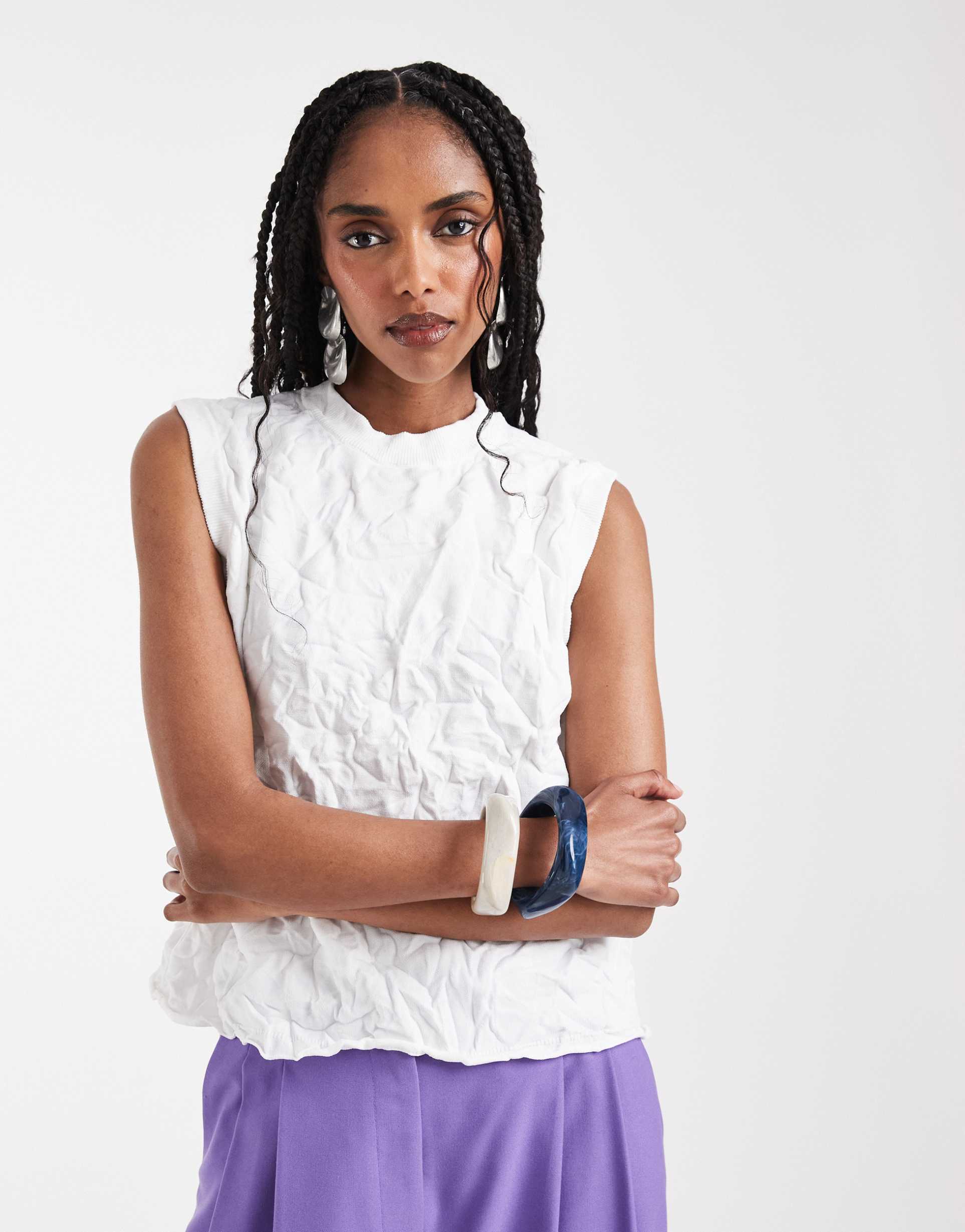 asos design crinkled boxy knit tank top in white