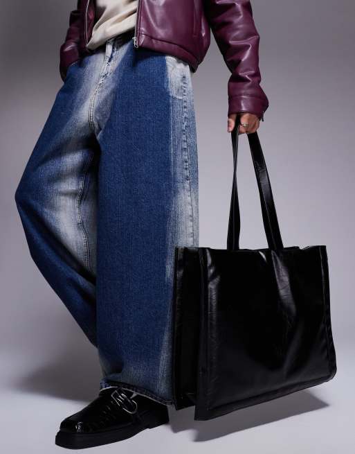 ASOS DESIGN crinkled faux leather structured tote bag in black ASOS