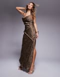 [ASOS DESIGN] ASOS DESIGN crinkled satin cowl bias maxi dress in brown abstract print-Multi 12 Abstract print