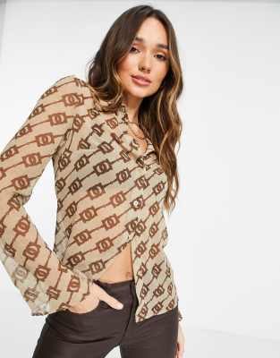ASOS DESIGN crinkled sheer shirt in 90s monogram print in brown - ASOS Price Checker