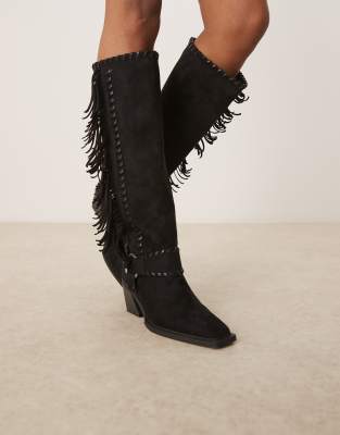 ASOS DESIGN - Cristina - Kniehohe Cowboystiefel in Schwarz mit Fransen-Braun