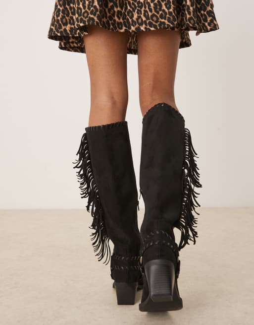 ASOS DESIGN – Cristina – Kniehohe Cowboystiefel in Schwarz mit Fransen, 3 von 4
