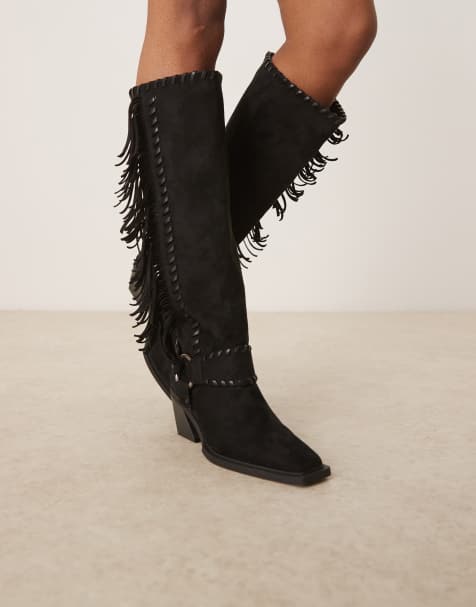 ASOS DESIGN Cristina western fringe knee boots in black - view 1