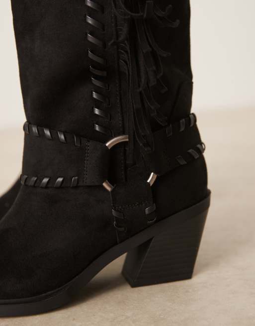 ASOS DESIGN Cristina western fringed knee boots in black