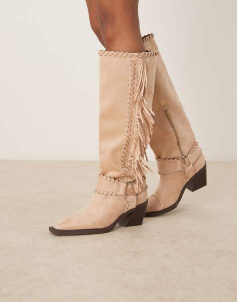 ASOS DESIGN Cristina western fringed knee boots in beige - view 1