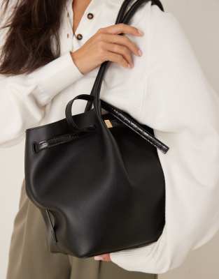 Asos Design Croc Belted Tote Bag In Black