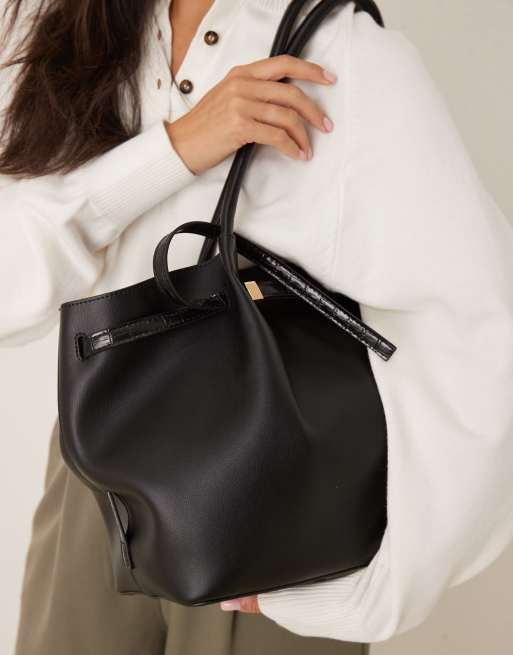 ASOS DESIGN croc belted tote bag in black