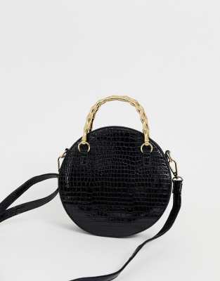 ASOS DESIGN croc circle cross body bag with bamboo handle-Black