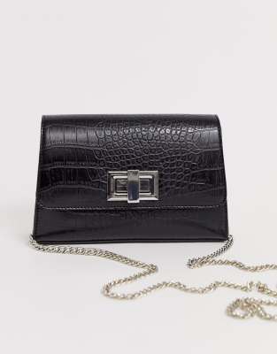 ASOS DESIGN ASOS DESIGN croc cross body bag with twist lock and chain detail-Black