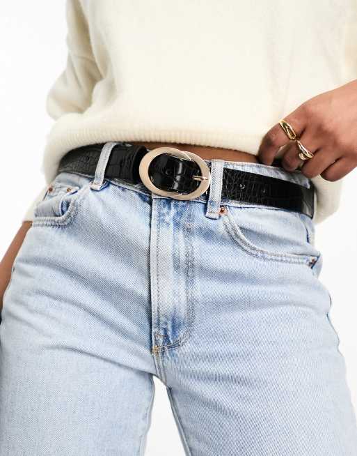 Croc leather round buckle waist belt