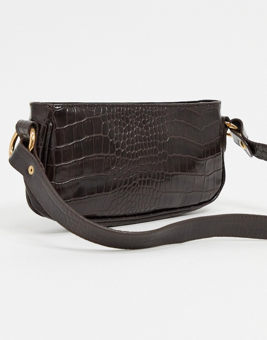 Asos Design Croc Effect 90s Shoulder Bag In Chocolate-brown